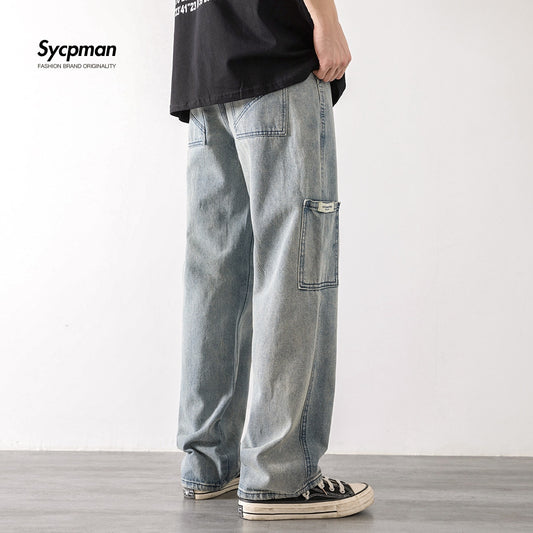 Loose Street Style Straight Cargo Pants Jeans Men Fashion Brand Wide Leg Overalls Retro Trend Leisure Youth Denim Baggy