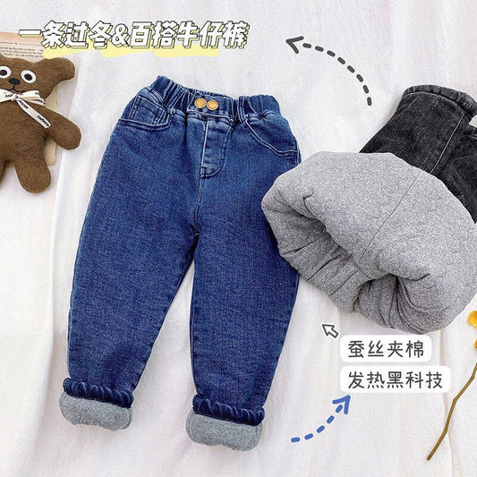 Baby Girls Jeans Kids Thicken Denim Pants Boys Casual Velvet Warm Jean Pant 2022 Winter Children&#39;s Thicken Clothing