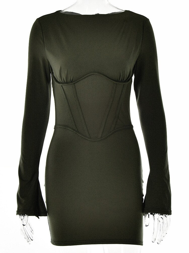 JULISSA MO Women Illusion Bodycone Mini Dress O-Neck Split Flare Sleeve Wrap Skirt Solid Slim Bodycon Summer New Partywear