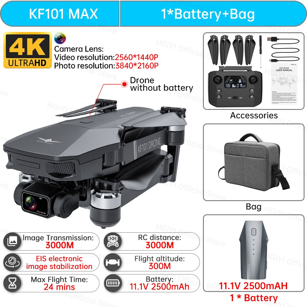 HGIYI KF101 Max Drone 4K Professional 5G WIFI Dron HD EIS Camera Anti-Shake 3-Axis Gimbal Brushless Motor RC Foldable Quadcopter