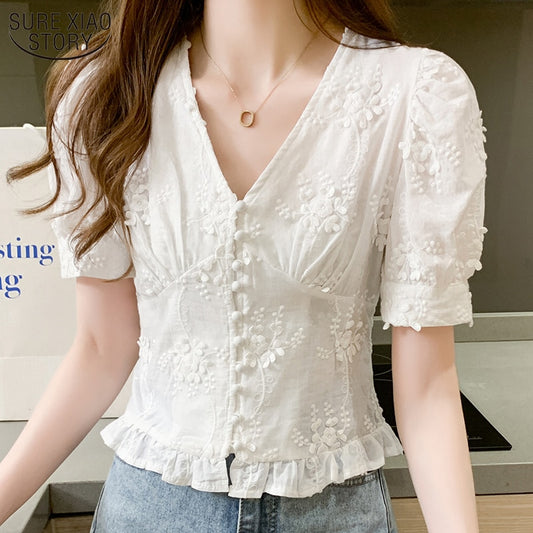 Sweet White Lace Tops Women Casual Puff Short Sleeve V-neck Embroidered Shirt 2023 Fashion Clothes Elegant Elastic Blouse 9778