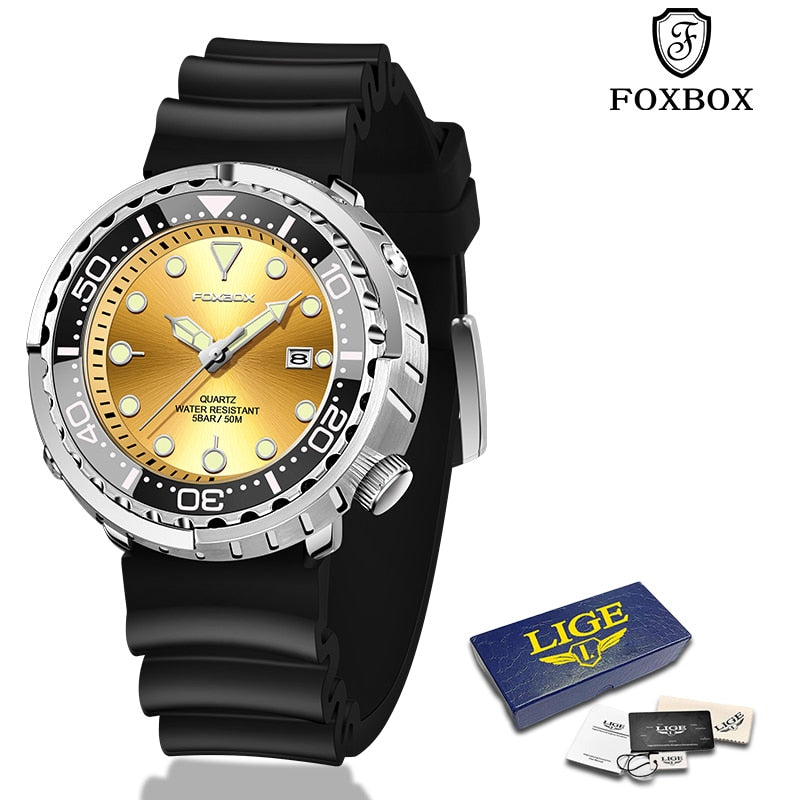 FOXBOX New Gold Fashion Watches Men Sports Silicone Watch Men  50M Waterproof Watches Golden Wristwatches Male Relogio Masculino