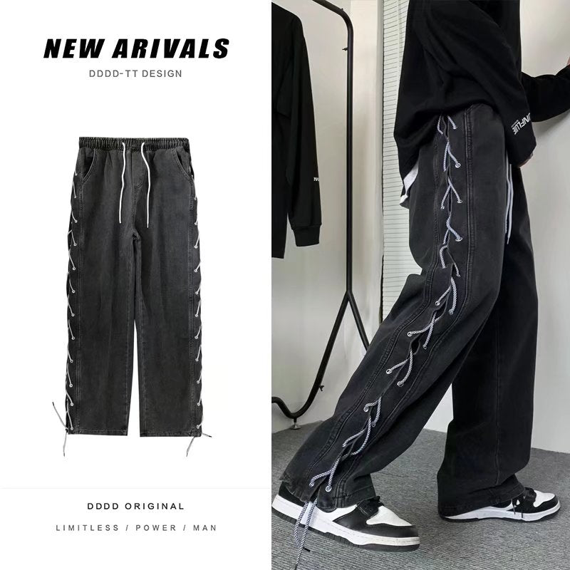 New Drawstring Knitted Jean Pants Men Straight Loose Hip Hop Pants Fashion Patckwork Casual Streetwear Jeans Male Trousers
