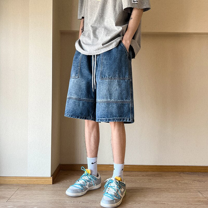 2023 Summer New High Street Casual Versatile Denim Capris Elastic Waist Men&#39;s Korean Style Loose Wide Leg Large Pocket Shorts