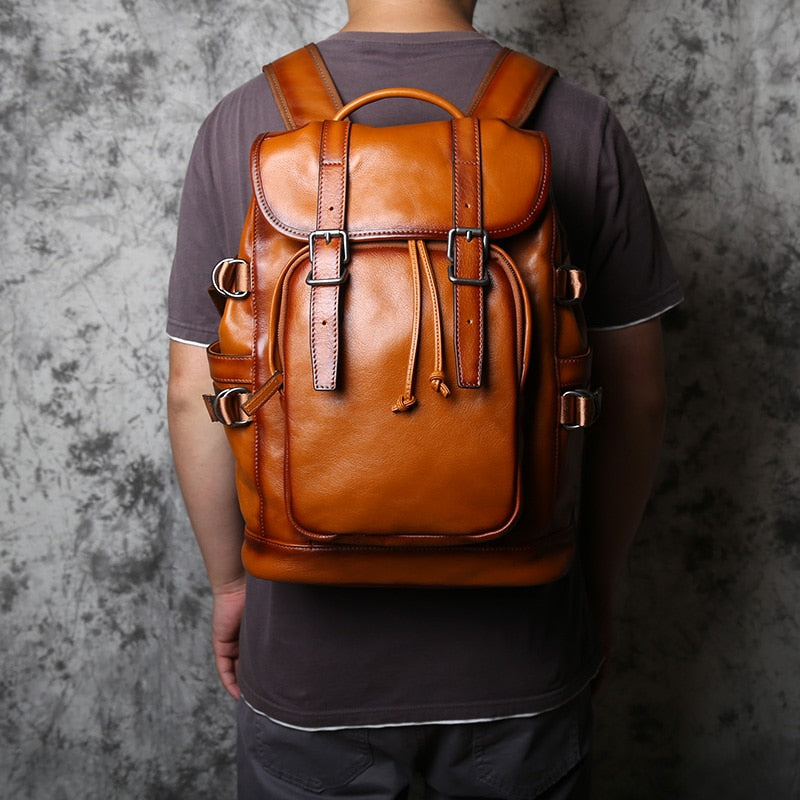 NZP Retro Leather Men&#39;s Backpack European and American Fashion Travel Bag Top Layer Cowhide Casual School Bag Laptop Bag