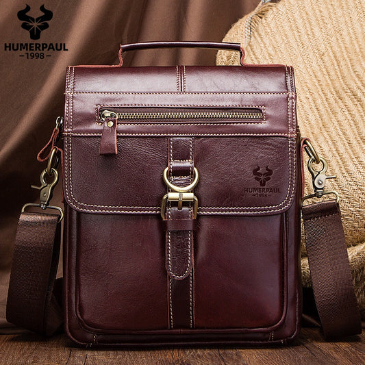 HUMERPAUL Genuine Leather Men's Crossbody Shoulder Bag Vintage Cowhide Messenger Bag For Men Casual High Quality Handbag