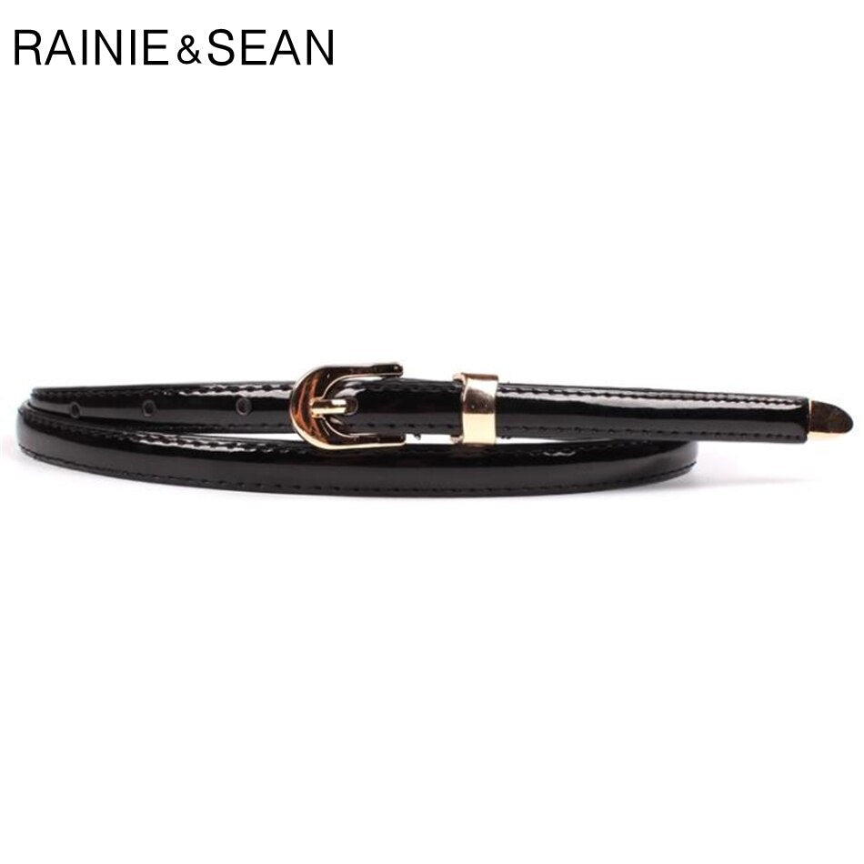 RAINIE SEAN Gold Thin Ladies Leather Belt Women Pin Buckle For Belt Korean Fashion casual Solid Female Waist Belt For Dresses