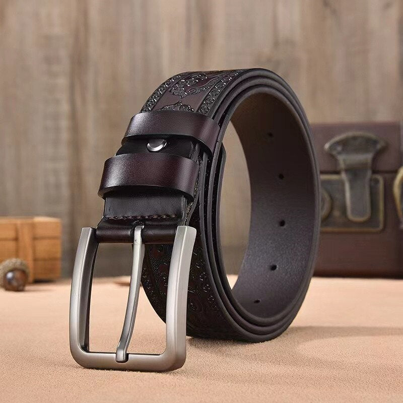Retro Carved Craft Men&#39;s Belt Leather Cowhide Pin Buckle Fashion Denim Casual Pants Belt