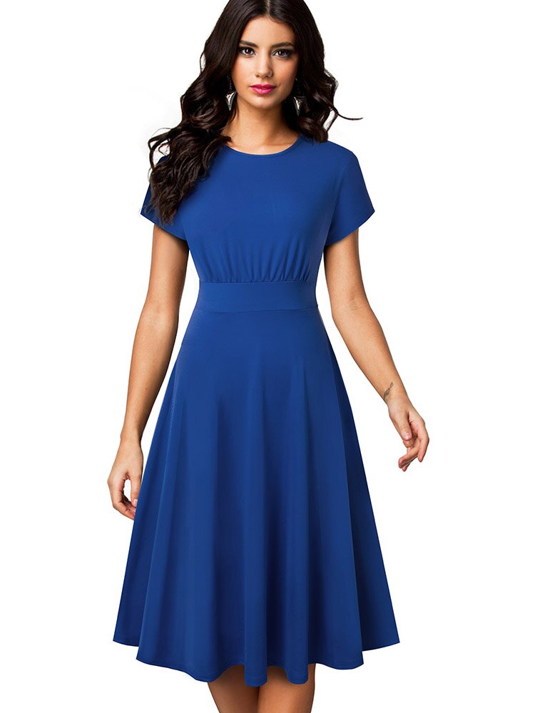 Nice-forever Vintage Elegant Floral Print Pleated Round neck vestidos A-Line Pinup Business Party Women Flare Swing Dress A102