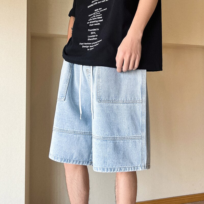 2023 Summer New High Street Casual Versatile Denim Capris Elastic Waist Men&#39;s Korean Style Loose Wide Leg Large Pocket Shorts