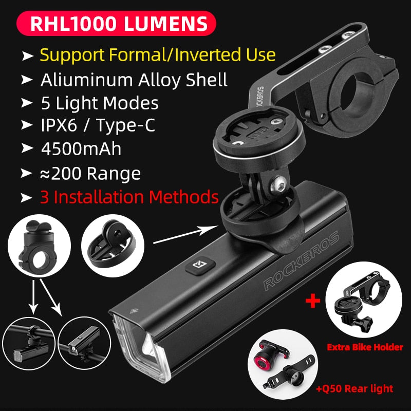ROCKBROS Bike Front Light IPX6 Rainproof Type-c Rechargeable Bicycle Light 1000LM Cycling Headlight LED Flashlight MTB Bike Lamp