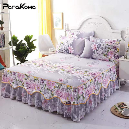 3Pcs Bed Sheet Cotton Lace Skirt Elastic Fitted Double Bedspread Mattress Cover Home Pillowcase Bedding Set Bedsheet 2 Seater