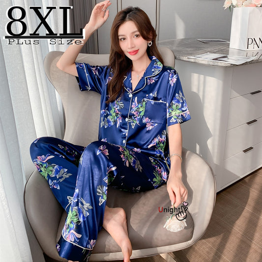 Summer Silk Pajamas 2-piece Set Sleepwear Short-sleeved Trousers Suit S Women's Plus Size Homewear Lingerie 5XL 7XL 8XL Pijama