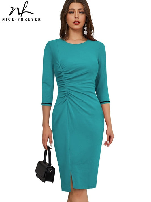 Nice-Forever Autumn Women Classy Lace Plain Elegant Dresses Formal Business Work Vintage Bodycon Dress B736