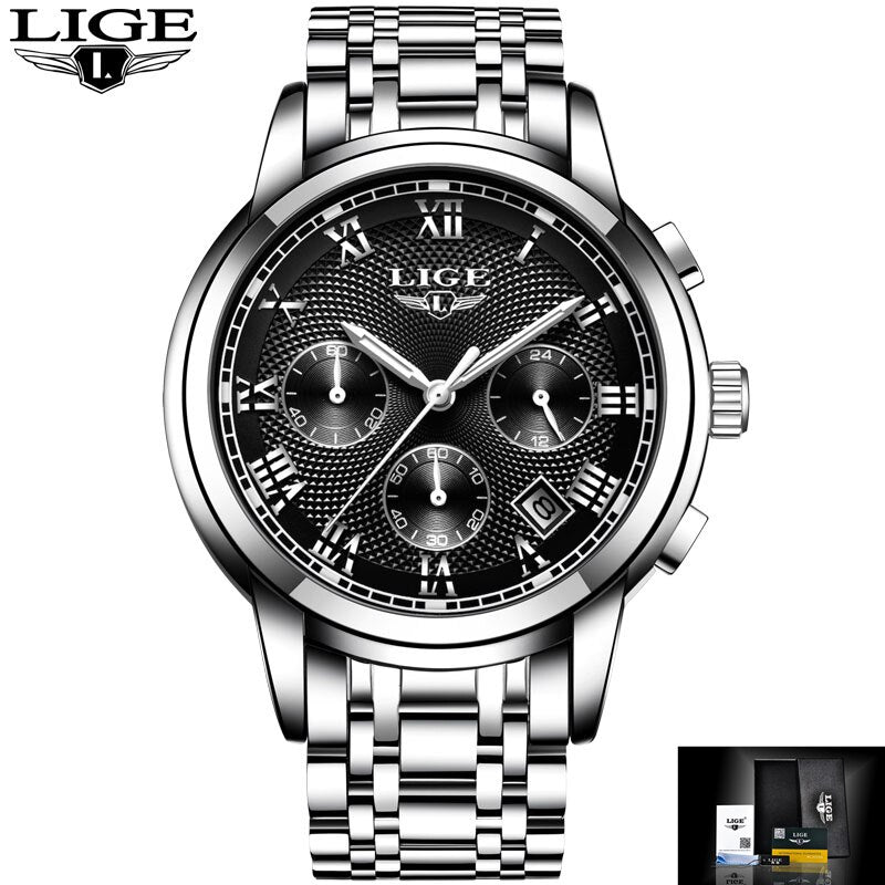 LIGE  Men&#39;s Watch Big Dial Stainless Steel Band Date Mens Business Male Watches Waterproof Luxuries Men Wrist Watches for Men