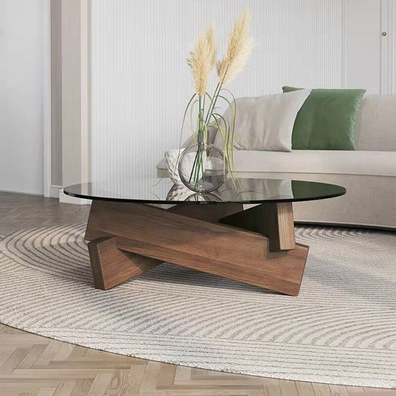 Nordic Living Room Coffee Tables Modern Design Wood Round Coffee Table Black Glass Center Mesas Bajas Minimalist Furniture Home