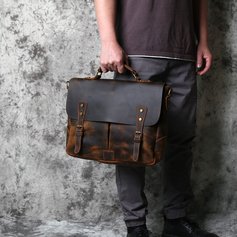 Retro Leather Men&#39;s Handbag Top Layer Leather Horizontal Computer Bag Crazy Horse Leather Men Casual Shoulder Messenger Bag NZPJ