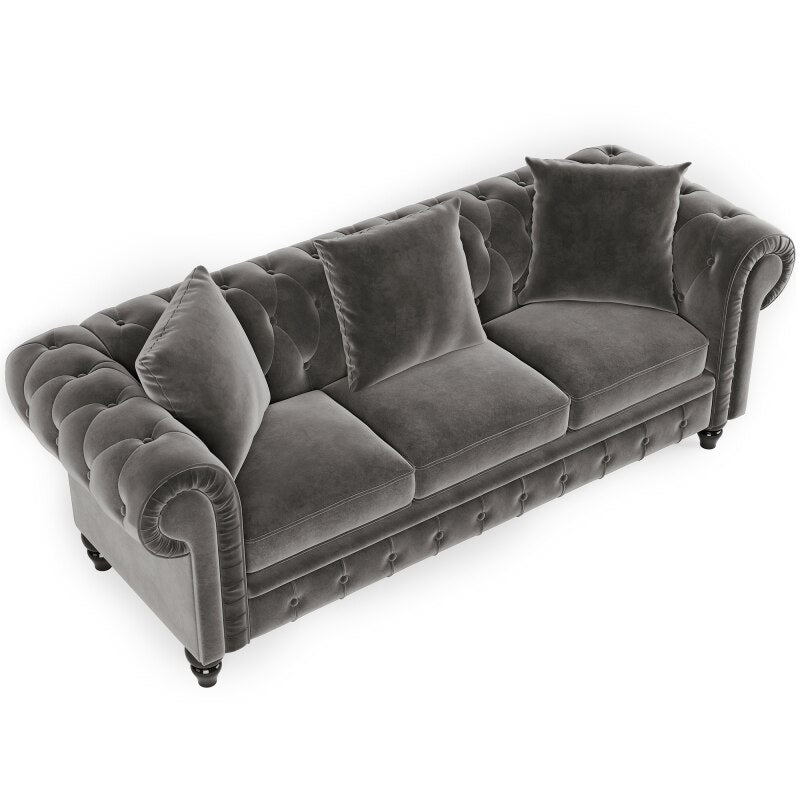 Chesterfield Sofa Set Button Tufted Velvet Upholstered Low Back Loveseat &amp; 3 Seat Sofa Roll Arm Classic,5 Pillows Sectional Sofa