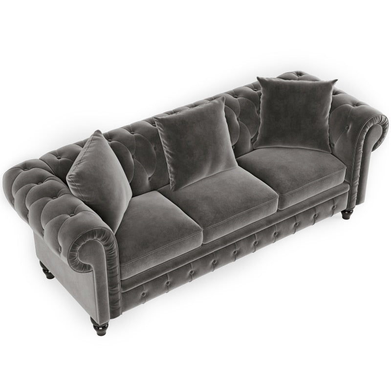 Chesterfield Sofa Set Button Tufted Velvet Upholstered Low Back Loveseat &amp; 3 Seat Sofa Roll Arm Classic,5 Pillows Sectional Sofa