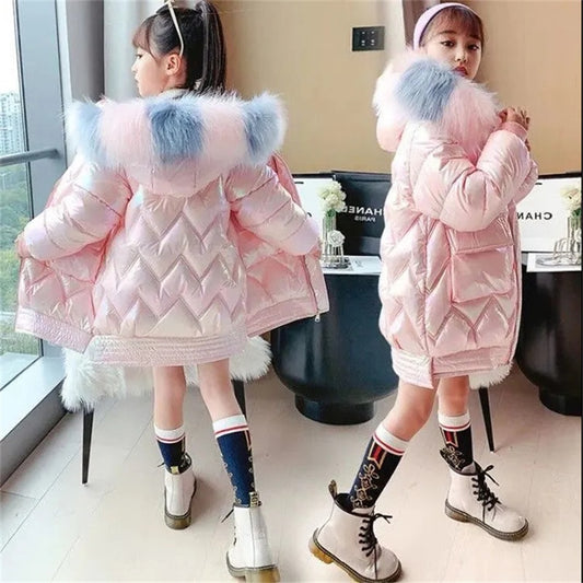 2022 Winter Shiny Jackets Girls Fur Collar Hooded Warm Parka Big Children 4-12 Years Kids Teenage Long Cotton Outerwear Snowsuit