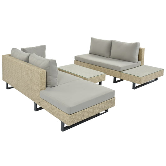 3 PCS Outdoor Rattan Sofa Patio Furniture Set, L-shaped Corner Sofa, Water And UV Protected, Two Glass Table, Adjustable Feet