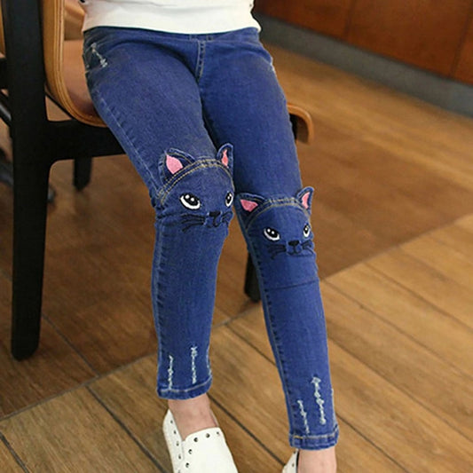 PatPat Hot Sale Casual Jeans For Girl Kids Cute Cat Design Pant Children&#39;s Jeans Clothing For Girls Spring and Autumn Trousers