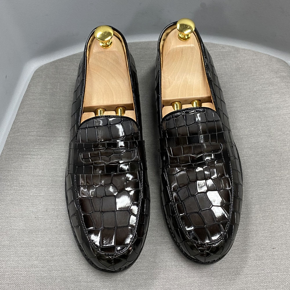 Brand Design Luxury Mens Penny Loafer Genuine Cow Leather Male Dress Shoes Round Toe Alligator Print Wedding Party Shoes for Men
