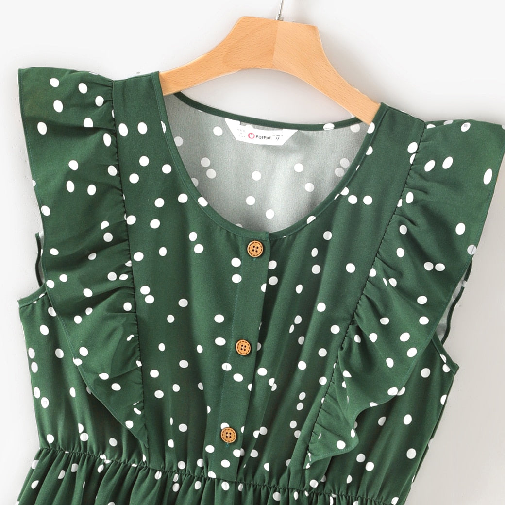 PatPat  Family Matching Outfits Dresses Matching All over Polka Dots Dark Green Ruffle Trim Tank Dress for Mom and Me