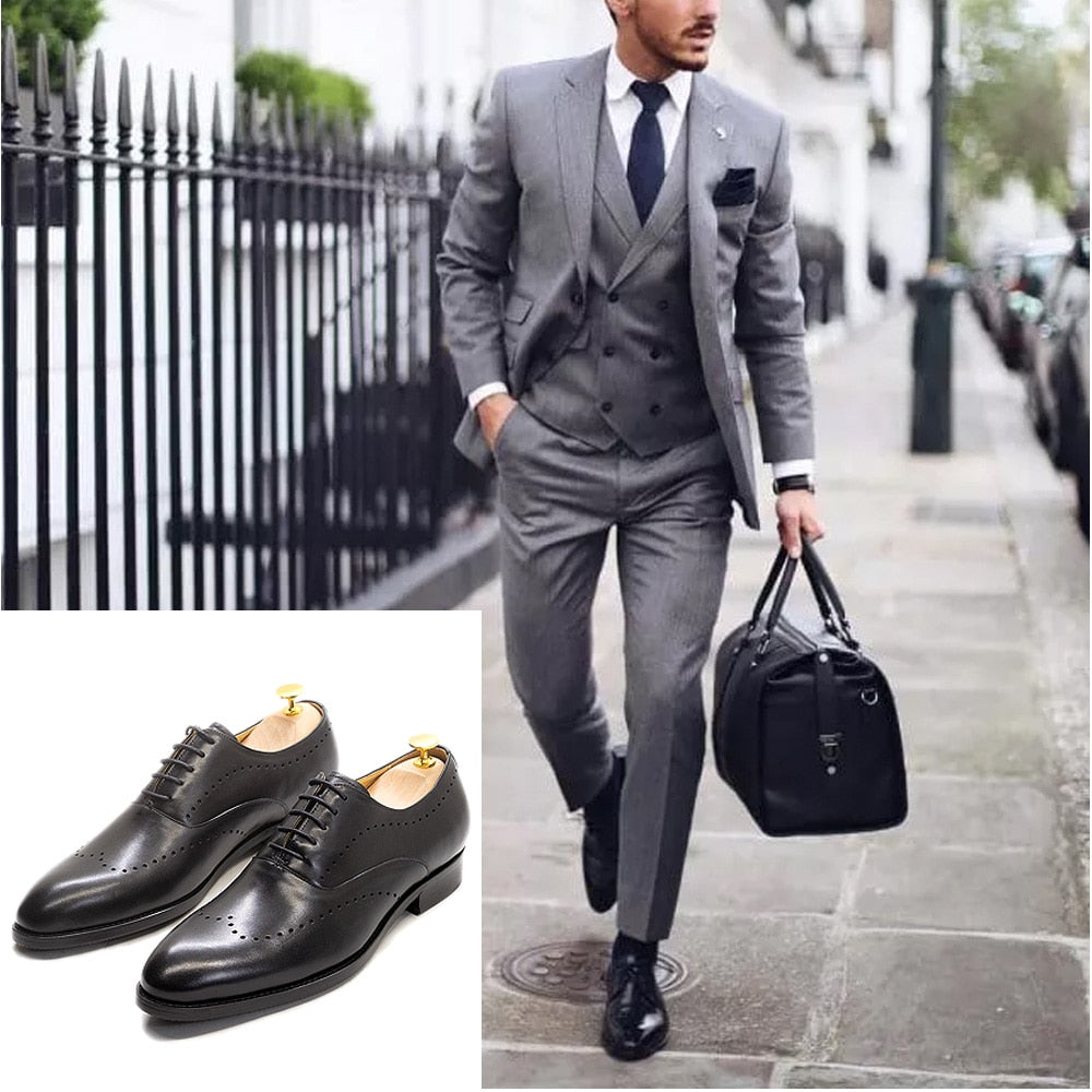 Italian Luxury Men&#39;s Dress Shoes Calf Genuine Leather Lace-Up Wingtip Black Oxford Farmal Business Office Classic Shoe for Men