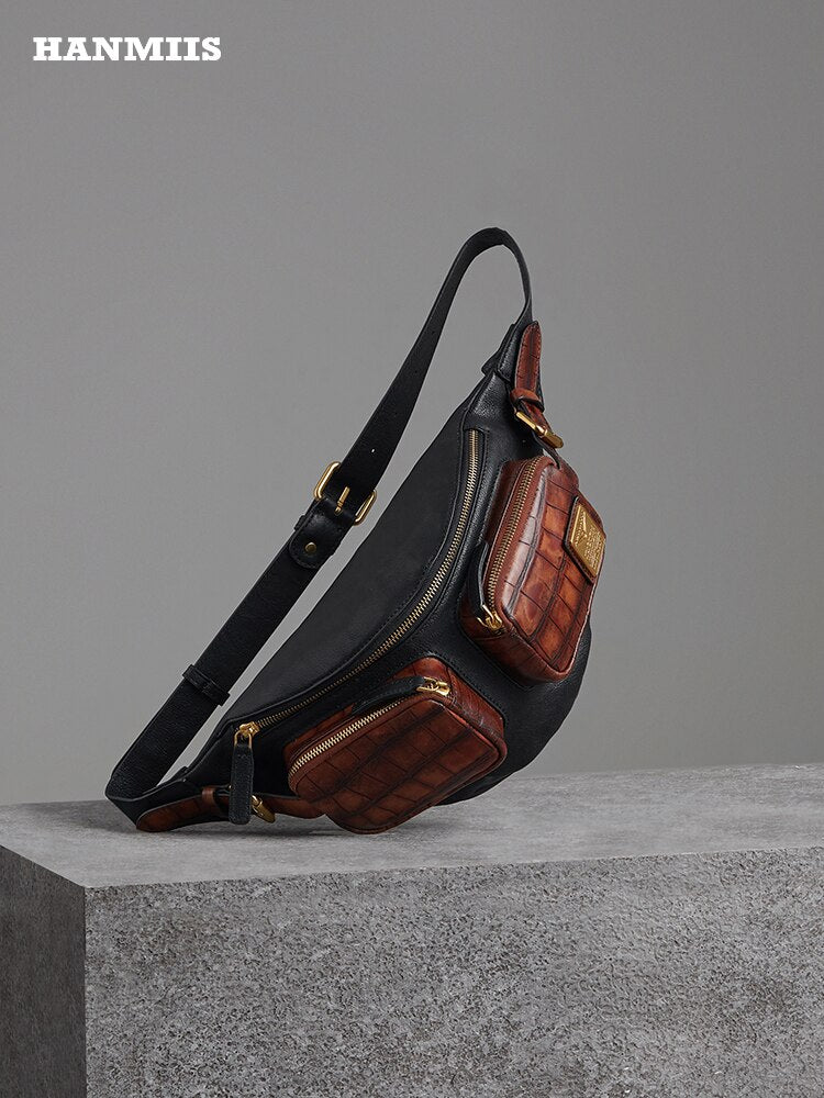 Crocodile Pattern Chest Bag First Layer Cowhide Vintage Genuine Leather Men&#39;s Shoulder Messenger Bag Cycling Men&#39;s Bag Casual