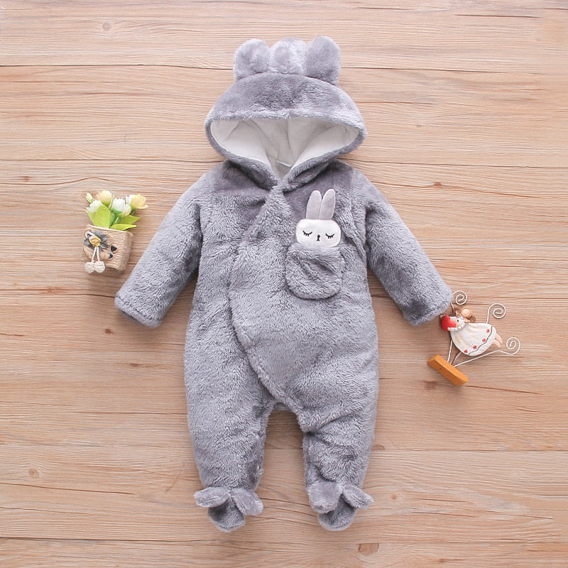 PatPat Baby Girls Clothes Solid Fleece Rabbit Hooded Footed / Long-sleeve Baby Jumpsuit Unisex Baby Winter Clothes for Newborn