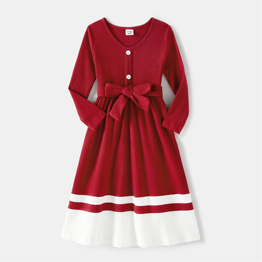 PatPat Family Matching Burgundy Ribbed Crisscross Pleated Midi Dresses and Long-sleeve Colorblock Tops Sets