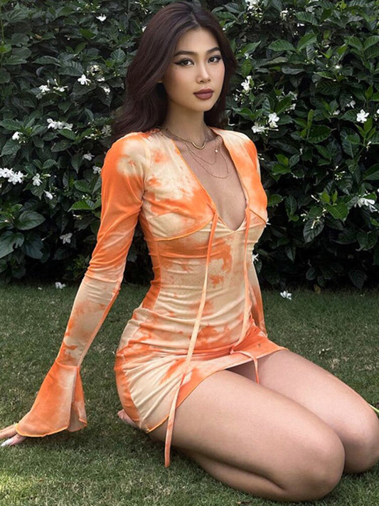 JULISSA MO Print V-neck Bandage Long Sleeve Mini Dress For Women Summer Sexy Beach Holiday Party Club Outfit Ladies Sundress