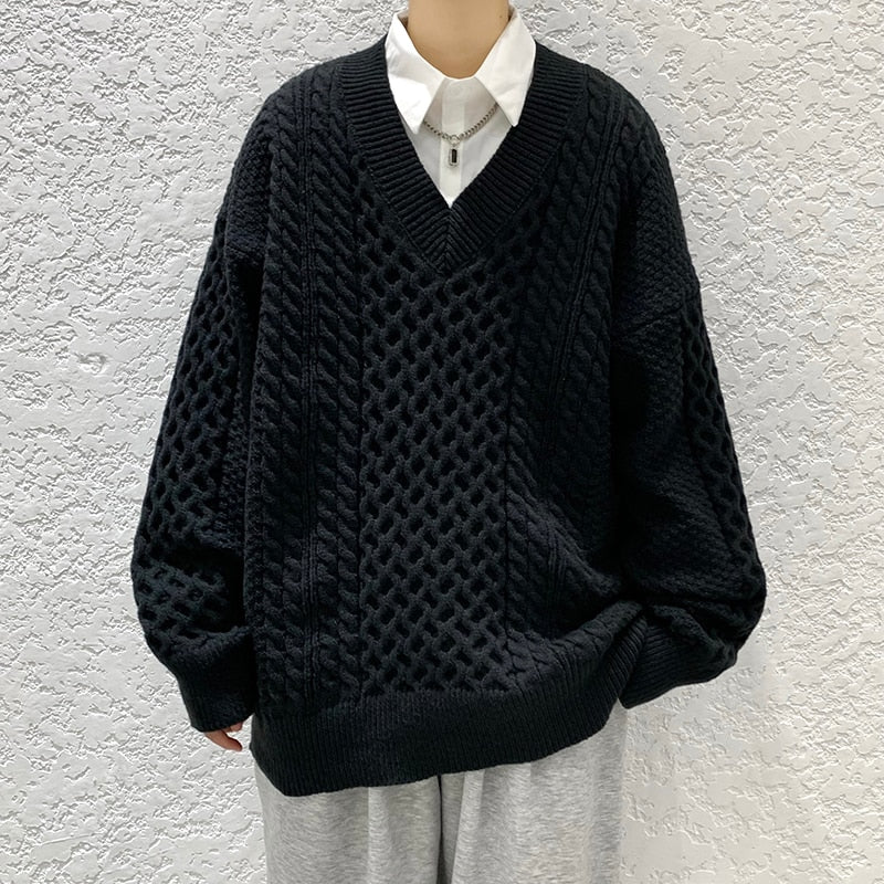 High Quality Autumn Winter Twist Knitted Sweater Men Clothing Simple V-neck Casual Daily Pullovers Loose Homme Streetwear