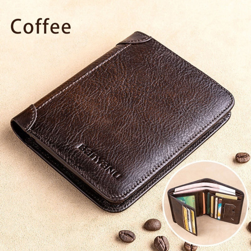 Men Wallet Genuine Leather Trifold Wallet Vintage Thin Short Multi Function ID Credit Card Holder Male Purse Money Small bag