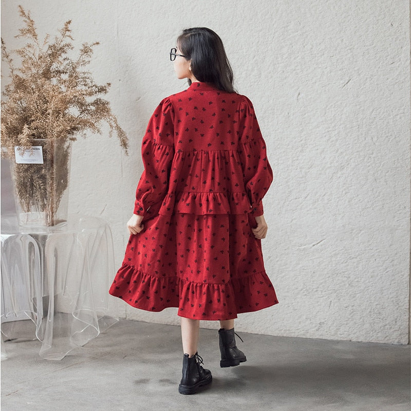 kids teen girls fall winter corduroy floral print ruffle flare dress children teen girl 6 to 16 years fashion casual dresses