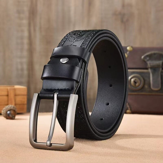 Retro Carved Craft Men's Belt Leather Cowhide Pin Buckle Fashion Denim Casual Pants Belt
