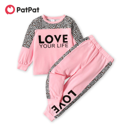 PatPat 2-piece Toddler Girl Outfits Sets Letter Leopard Print Long Sleeves Sweatshirt and Pants Set for 2-6Y Kids Girls Clothing