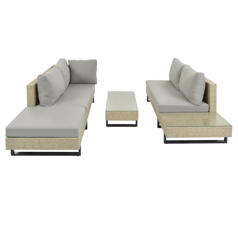 3 PCS Outdoor Rattan Sofa Patio Furniture Set, L-shaped Corner Sofa, Water And UV Protected, Two Glass Table, Adjustable Feet