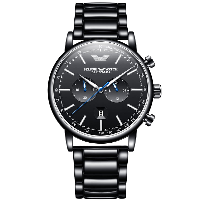BELUSHI Mens Watches Stainless Steel Chronograph Waterproof Luxury Brand Top Quartz Military Watch for Men Army Sport Wristwatch