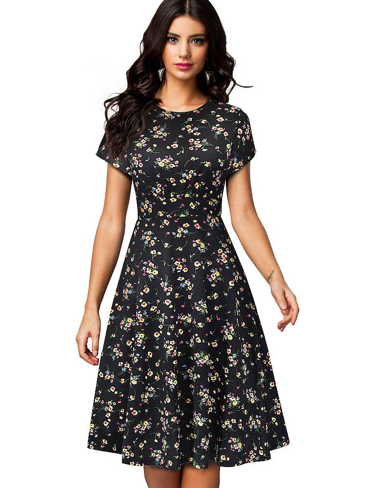Nice-forever Vintage Elegant Floral Print Pleated Round neck vestidos A-Line Pinup Business Party Women Flare Swing Dress A102