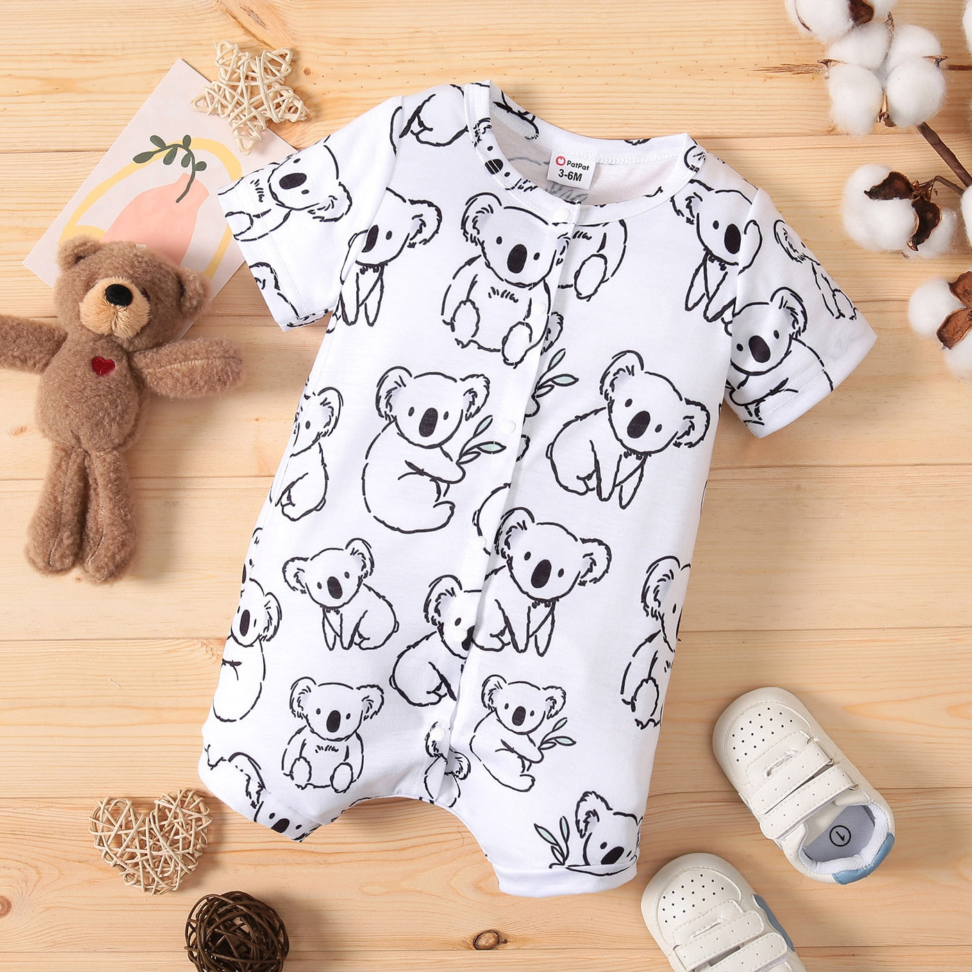 PatPat Baby Boy Koala Print White/Grey Striped Short-sleeve Snap Romper
