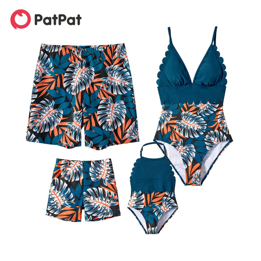 PatPat Family Matching Plant Print Scallop Edge Spliced One-piece Swimsuit and Swim Trunks