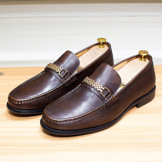Men&#39;s Loafers Genuine Leather Classic Metal Chain Slip-On Casual Business Dress Shoes Comfortable Party Wedding Footwear for Men