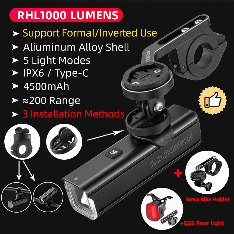 ROCKBROS Bike Front Light IPX6 Rainproof Type-c Rechargeable Bicycle Light 1000LM Cycling Headlight LED Flashlight MTB Bike Lamp