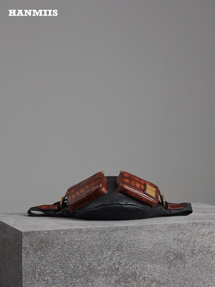 Crocodile Pattern Chest Bag First Layer Cowhide Vintage Genuine Leather Men&#39;s Shoulder Messenger Bag Cycling Men&#39;s Bag Casual