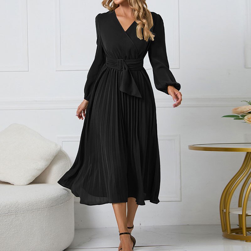 Office Lady V-Neck Solid Color Pleated Midi Dresses Fashion Commute Simplicity Lantern Sleeve A-Line Belt Dress Women&#39;s Clothing