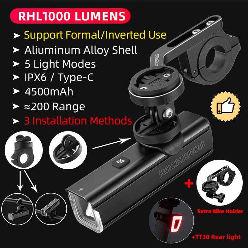 ROCKBROS Bike Front Light IPX6 Rainproof Type-c Rechargeable Bicycle Light 1000LM Cycling Headlight LED Flashlight MTB Bike Lamp