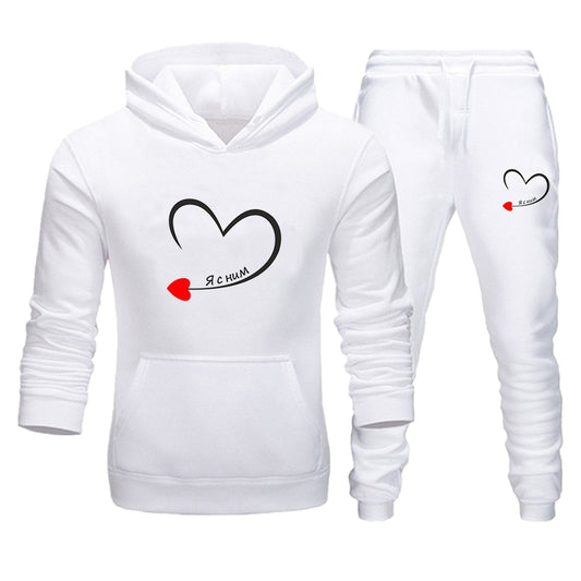 2023 Couples Tracksuit Love Heart Print Lover Hoodie and Pants 2 PCS Clothes Men Women Sweatshirts and Trousers Fleece Suits