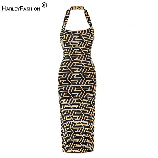 Newest Summer Hot Women Sexy Halter Vintage Geometrical Pattern Knitted Long Party Dress for Lady Wear